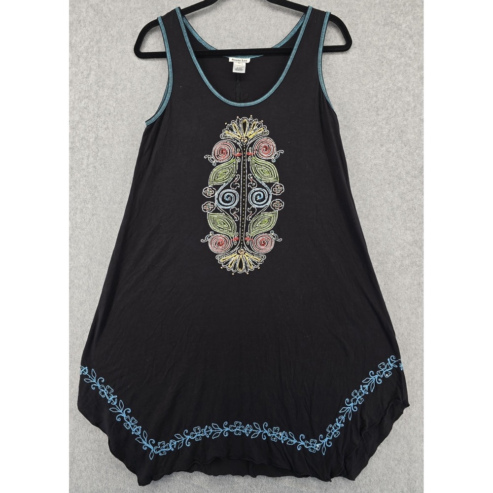 Vtg Krista Lee Women's M‎ Dress Black Embroidery Beads Midi Umbrella Boho Indie